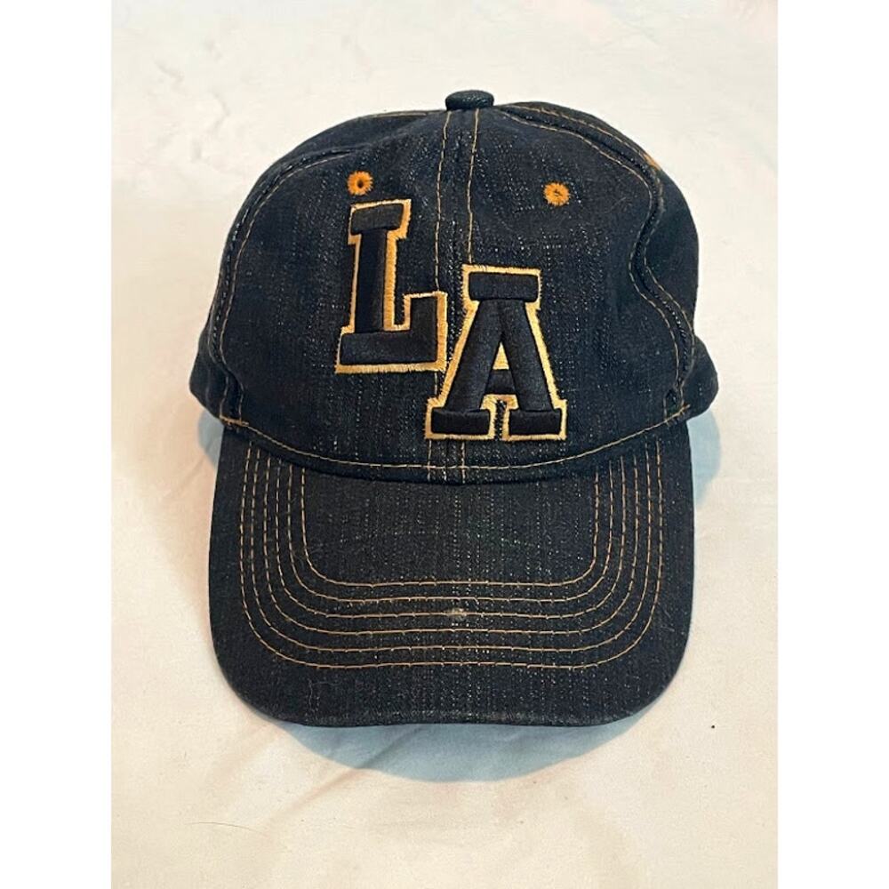 LA Los Angeles Denim Baseball Hat Cap Blue Dark Wash Distressed Gold Stitch